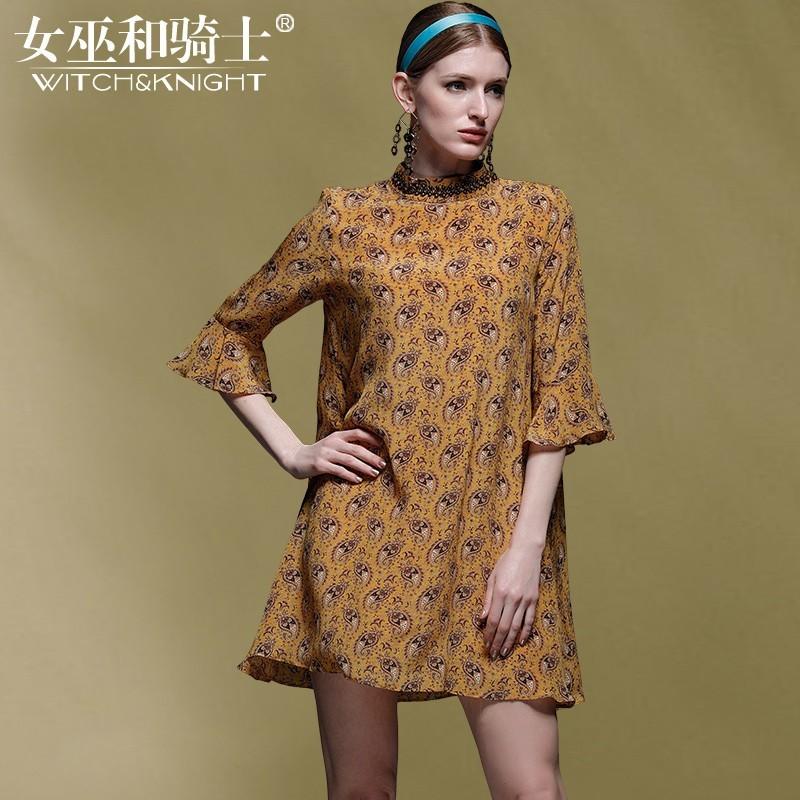 زفاف - Printed Rhinestone Embellished Slimming High Neck 3/4 Sleeves Mulberry Silk Spring Silk Dress - Bonny YZOZO Boutique Store