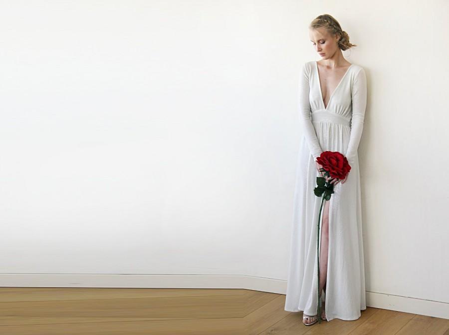 زفاف - Sexy Wedding Dress With A Deep-V Neckline, Ivory Maxi Formal Dress, Shimmering Ivory Maxi Dress With A Slit 1199