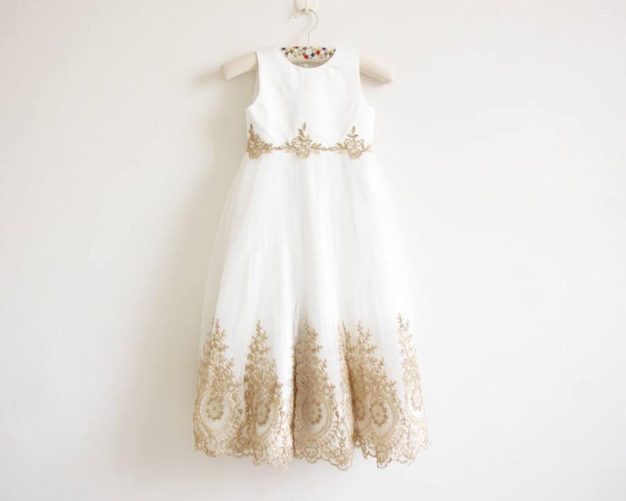 زفاف - Light Ivory Flower Girl Dress with Gold Embroidery Floor Length Baby Girl Dress Waist Embroidery Flower Girl Dress