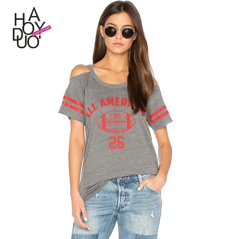 زفاف - School Style Printed Solid Color Off-the-Shoulder Alphabet Summer Short Sleeves Stripped T-shirt - Bonny YZOZO Boutique Store