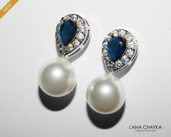 Hochzeit - Pearl Bridal Earrings, Swarovski 10mm White Pearl Navy Blue Earrings, Wedding Pearl Earrings, Pearl Bridal jewelry Wedding White Pearl Studs