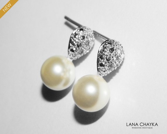 زفاف - Pearl Bridal Earrings, Swarovski 8mm Ivory Pearl Silver Earrings, Pearl Dainty Earrings, Bridal Pearl Studs, Wedding Pearl Small Earrings