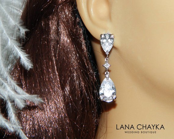 Mariage - Crystal Bridal Earrings, Cubic Zirconia Chandelier Wedding Earrings, Teardrop Crystal Silver Earrings, Crystal Dangle Earrings, Prom Jewelry