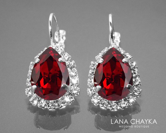 زفاف - Red Crystal Halo Earrings, Swarovski Siam Red Rhinestone Silver Earrings, Red Leverback Earrings, Wedding Jewelry, Mother of the Bride Gift