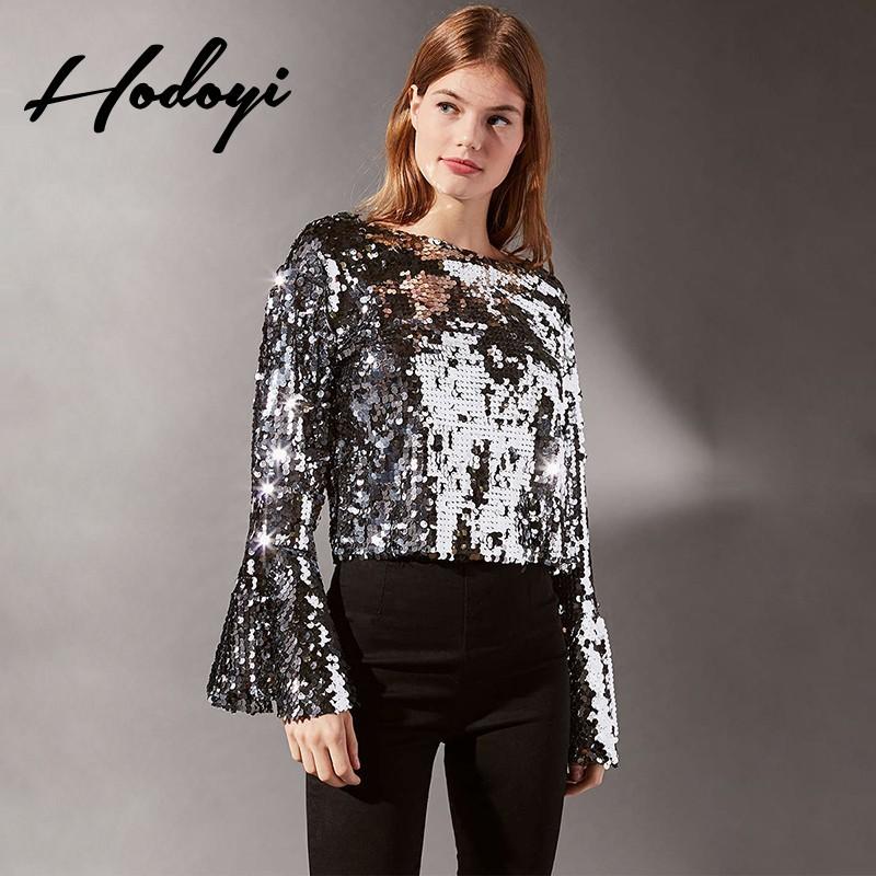 Wedding - Vogue Sexy Open Back Flare Sleeves Scoop Neck Sequined Spring Blouse - Bonny YZOZO Boutique Store