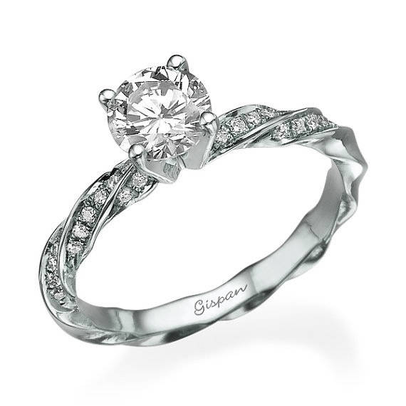 زفاف - Gold Diamond Engagement Ring in 14k white Gold With Spiral Band, Wedding Ring, Unique engagement Ring, Promise Ring, Statement Ring