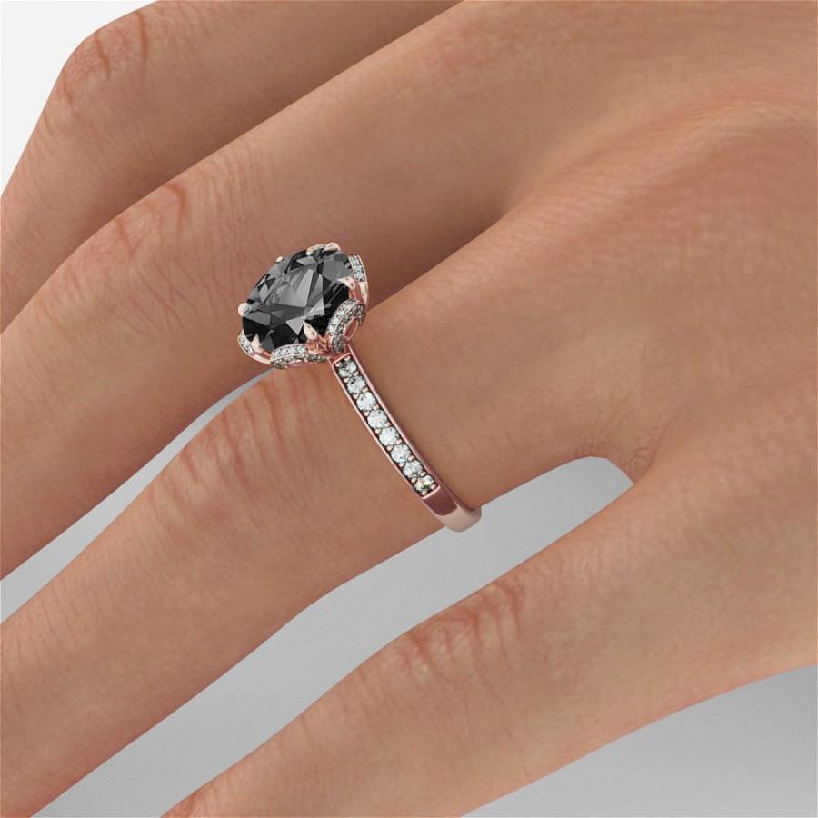 Wedding - Black Diamond Engagement Ring, Flower Diamond Ring, Vintage Engagement Ring, Art Deco Promise Ring, Black Diamond Halo Ring White Gold