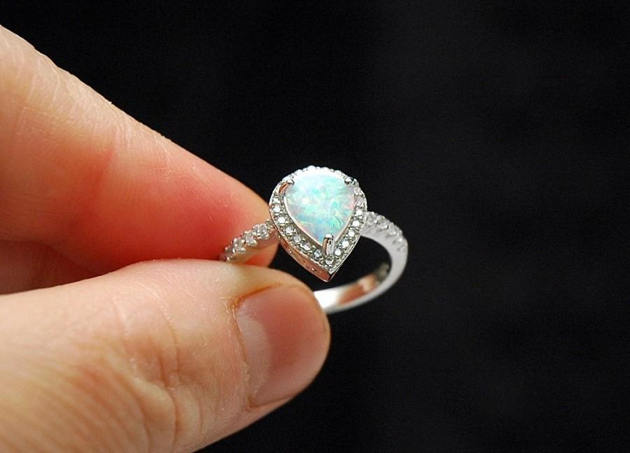 Wedding - Pear Shaped Engagement Ring, Halo White Fire Opal Ring, Promise Solitaire Ring, October Birthstone Jewelry, Gemstone Ring, Black Friday