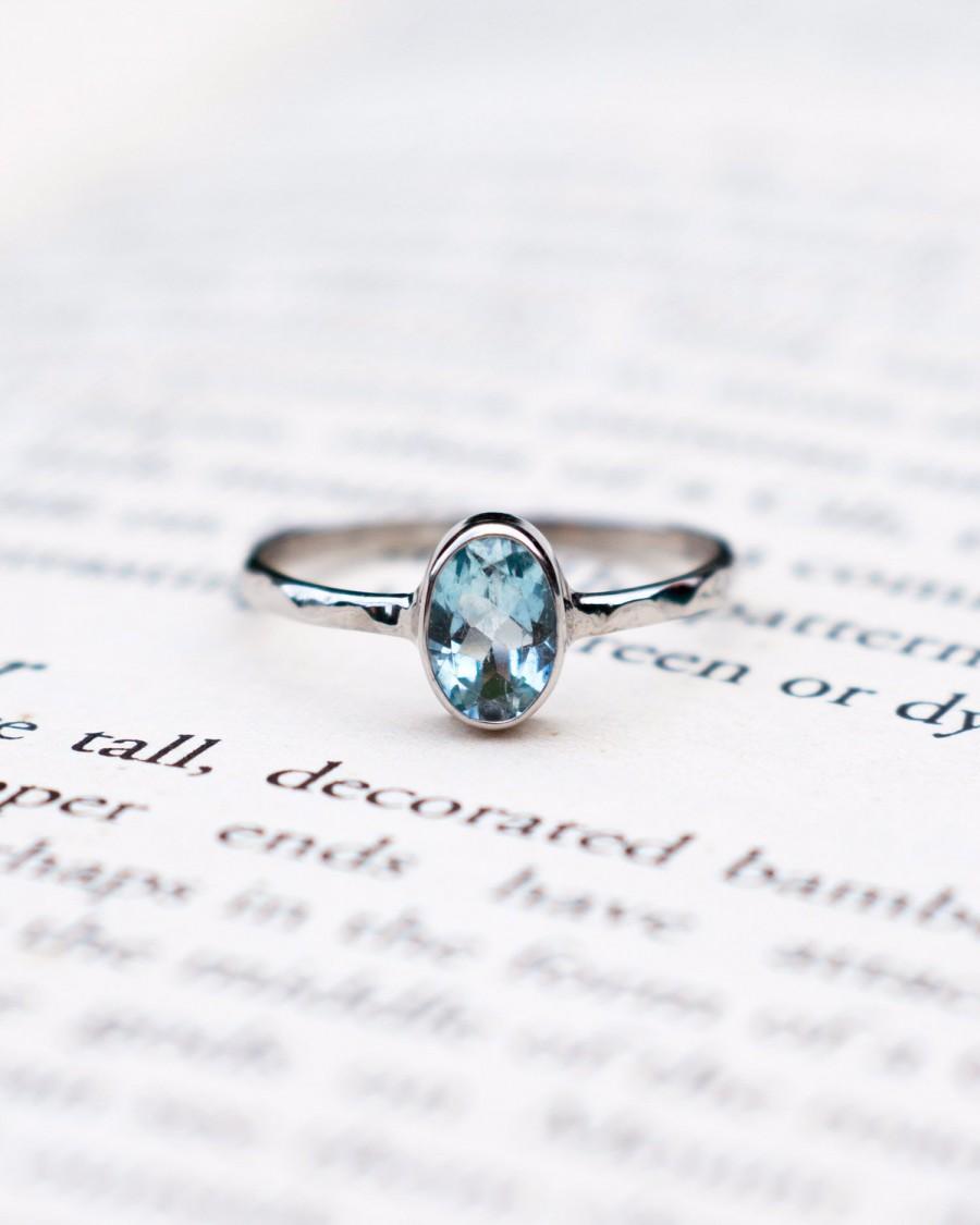 Wedding - Aquamarine engagement ring, March Birthstone sterling silver ring, round cut blue crystal, delicate anniversary ring