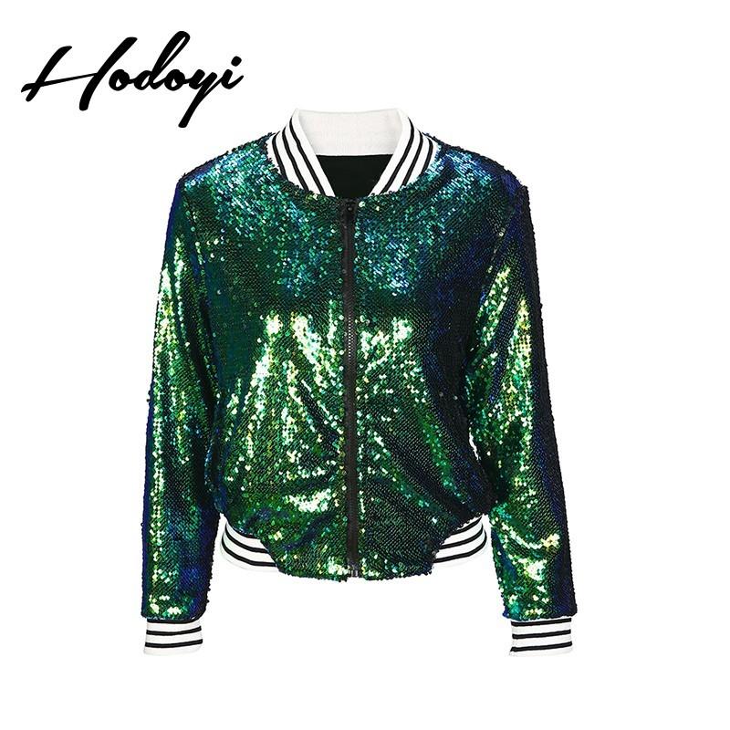 Свадьба - Vogue Split Front Solid Color Sequined Zipper Up Fall Casual 9/10 Sleeves Baseball Jacket Coat - Bonny YZOZO Boutique Store