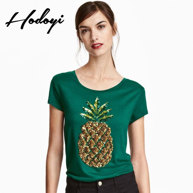 Mariage - Vogue Slimming Scoop Neck Sequined Short Sleeves Green T-shirt Top - Bonny YZOZO Boutique Store