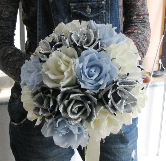 زفاف - Sea wedding, Bridal bouquet luxury Silver rose, Ivory, Light blue, Silver&navy paper flowers Large Romantic alternative paper bouquet