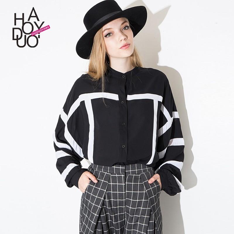 Свадьба - Casual Oversized Vintage Split Front Solid Color High Neck Long Sleeves Chiffon Stripped Black & White Blouse - Bonny YZOZO Boutique Store