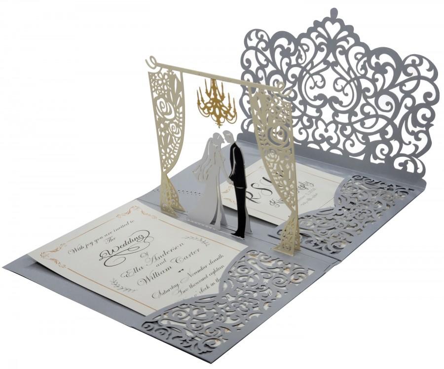 Свадьба - Silver 3D Pop Up Wedding Invitation. Custom Printed Laser Cut Wedding Invitation + RSVP Cards + Envelopes + Return Address labels