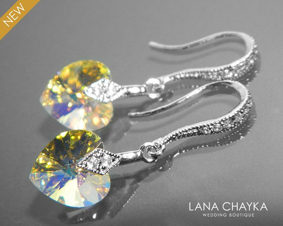 Hochzeit - Aurora Borealis Heart Crystal Small Earrings AB Silver Crystal Wedding Earrings Swarovski 10mm Crystal Heart Dangle Earrings Bridal Jewelry