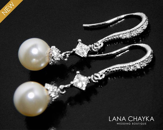 Свадьба - Pearl Bridal Earrings, Swarovski 8mm Ivory Pearl Dangle Earrings, Dainty Pearl Earrings, Wedding Ivory Pearl Earrings, Pearl Bridal Jewelry