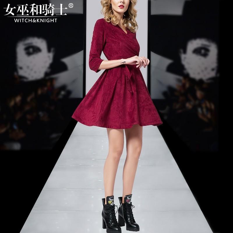 زفاف - 2017 autumn new style fashion cultivate one's morality simple v-neck suede short a-line skirt dress women's clothing - Bonny YZOZO Boutique Store