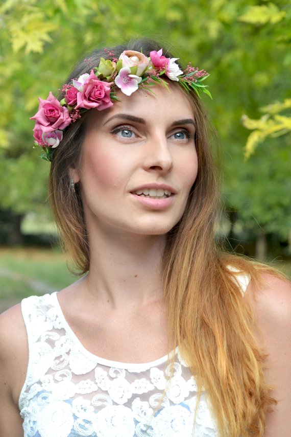 Hochzeit - Pink bridal flower crown Boho wedding hair wreath Floral crown pink white flower halo Bridal crown tie back