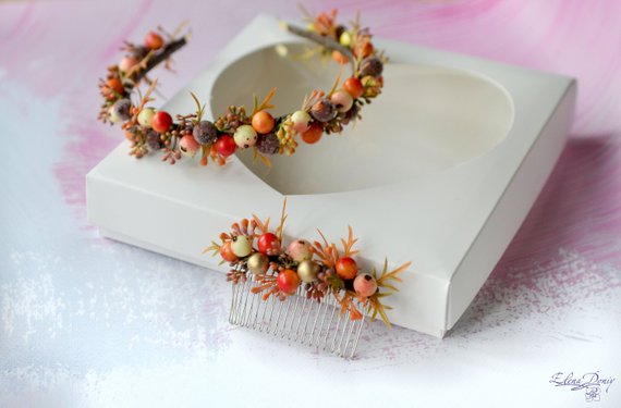 Hochzeit - Orange berry headband Woodland tiara Forest comb crown Berries comb Autumn wedding crown Rustic hair comb Woodland wedding set