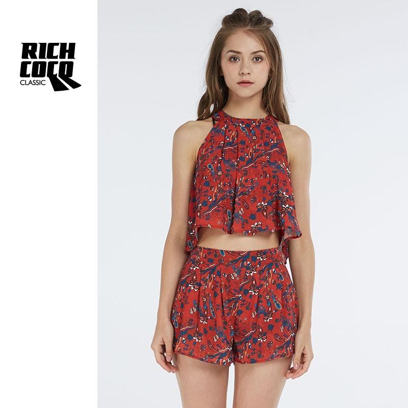 زفاف - Vogue Slimming Sleeveless High Waisted Chiffon Floral Summer Outfit Crop Top Short - Bonny YZOZO Boutique Store