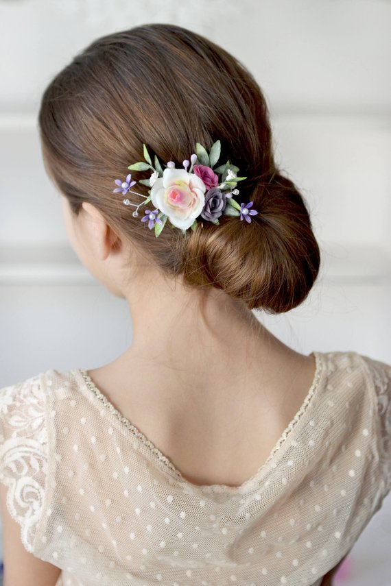 Wedding - White purple flower hair clip Rose head piece clip Bridal floral accessory Bridesmaids hair clips Wedding floral clip Flower hair piece