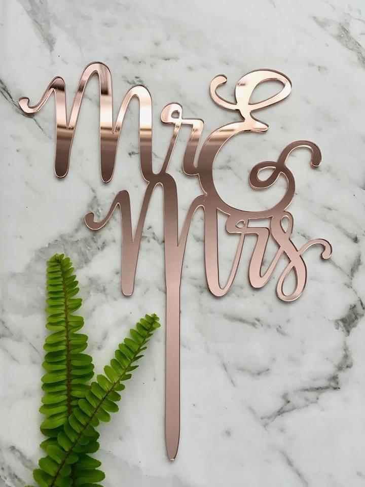 Wedding - Mr & Mrs (two lines) Acrylic Rose Gold Mirror Wedding Cake Topper