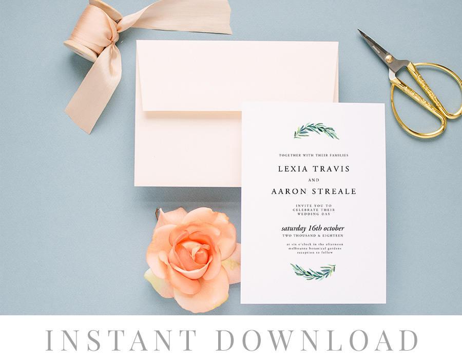 Wedding - Leaves Wedding Invitation INSTANT DOWNLOAD, Wedding Invite, DIY Printable Invitation, Templett, Editable pdf, Green Leaves, Beatrix