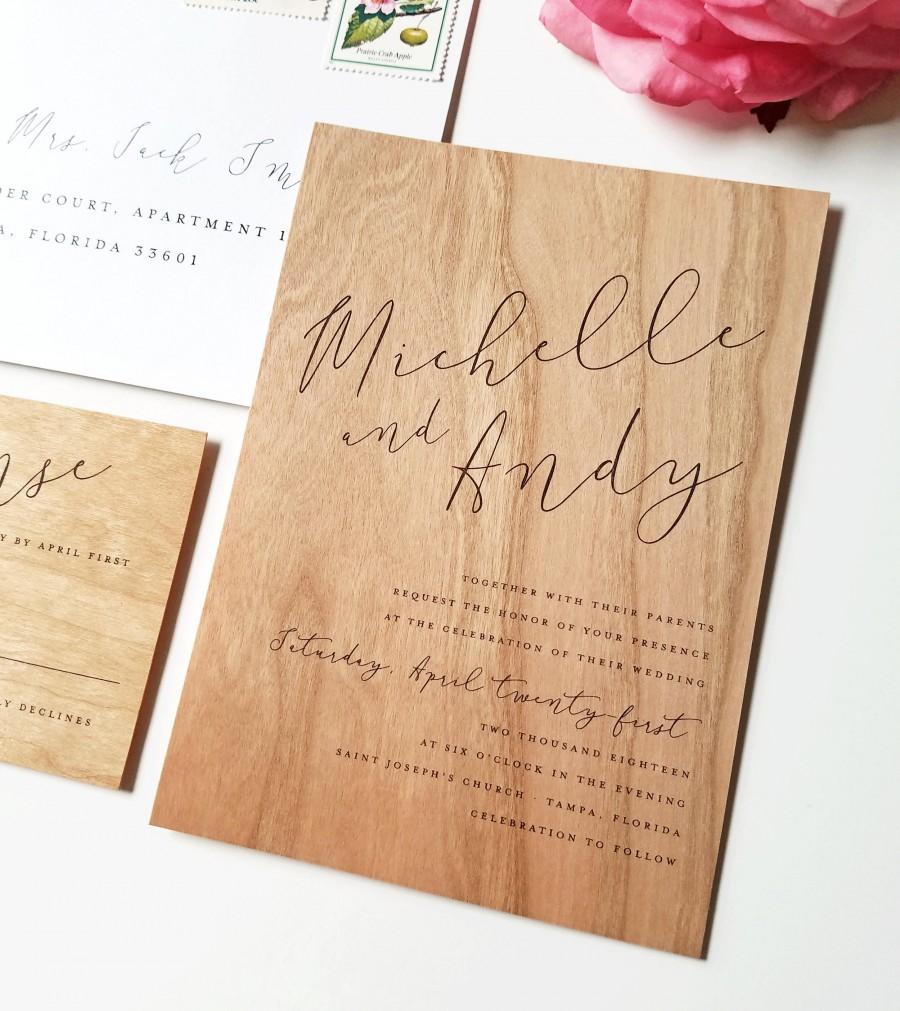 Hochzeit - Real Wood Wedding Invitation Sample - Michelle Design