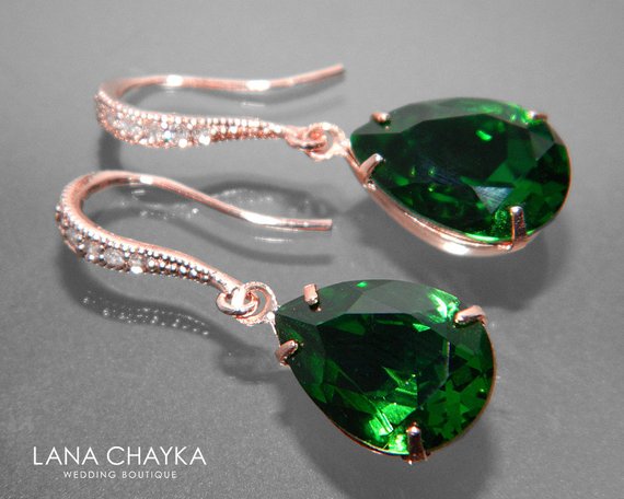 زفاف - Dark Moss Green Crystal Earrings, Swarovski Green Rhinestone Rose Gold Earrings, Teardrop Bridesmaid Earrings, Wedding Bridal Green Jewelry