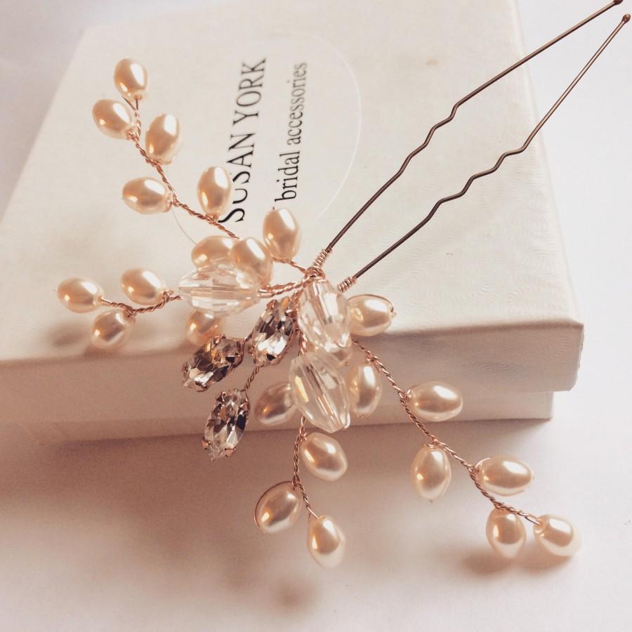 زفاف - Vine hair pin, rose gold, silver or gold made with Swarovski crystal and pearls. Bridal accessory, wedding headpiece.