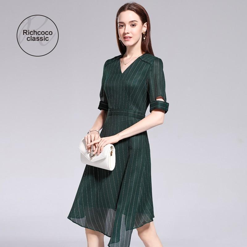 Mariage - Asymmetrical Slimming V-neck 1/2 Sleeves High Waisted Zipper Up Summer Stripped Dress - Bonny YZOZO Boutique Store