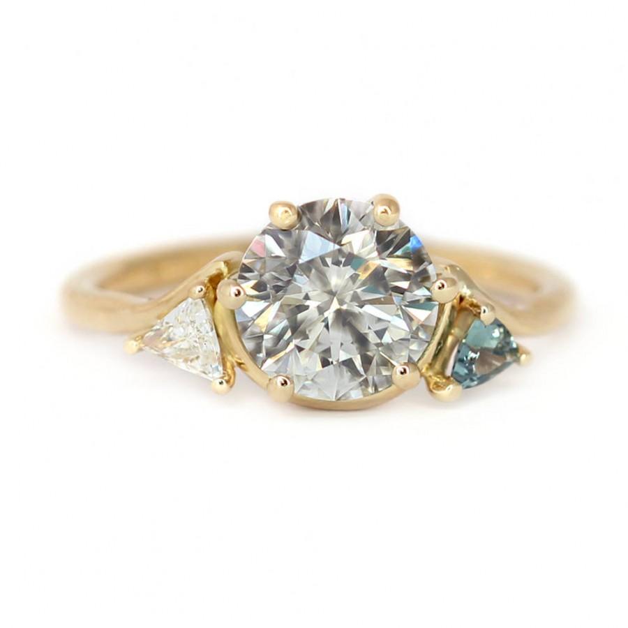 زفاف - Three Stone Engagement Ring, Two Carat Diamond Ring, Three Stone Ring, Teal Engagement Ring, Cluster Diamond Ring, Two Carat Ring