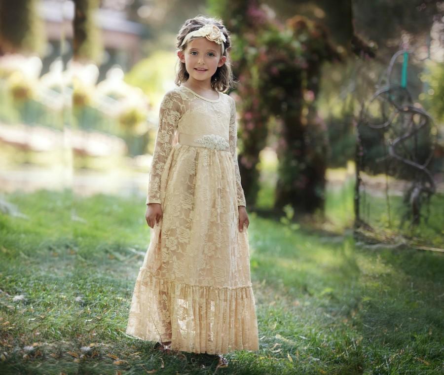 زفاف - flower girl lace dress, country lace dress, champagne lace dress, Rustic flower girl dress, long sleeve lace dress, Flower girl dresses,boho