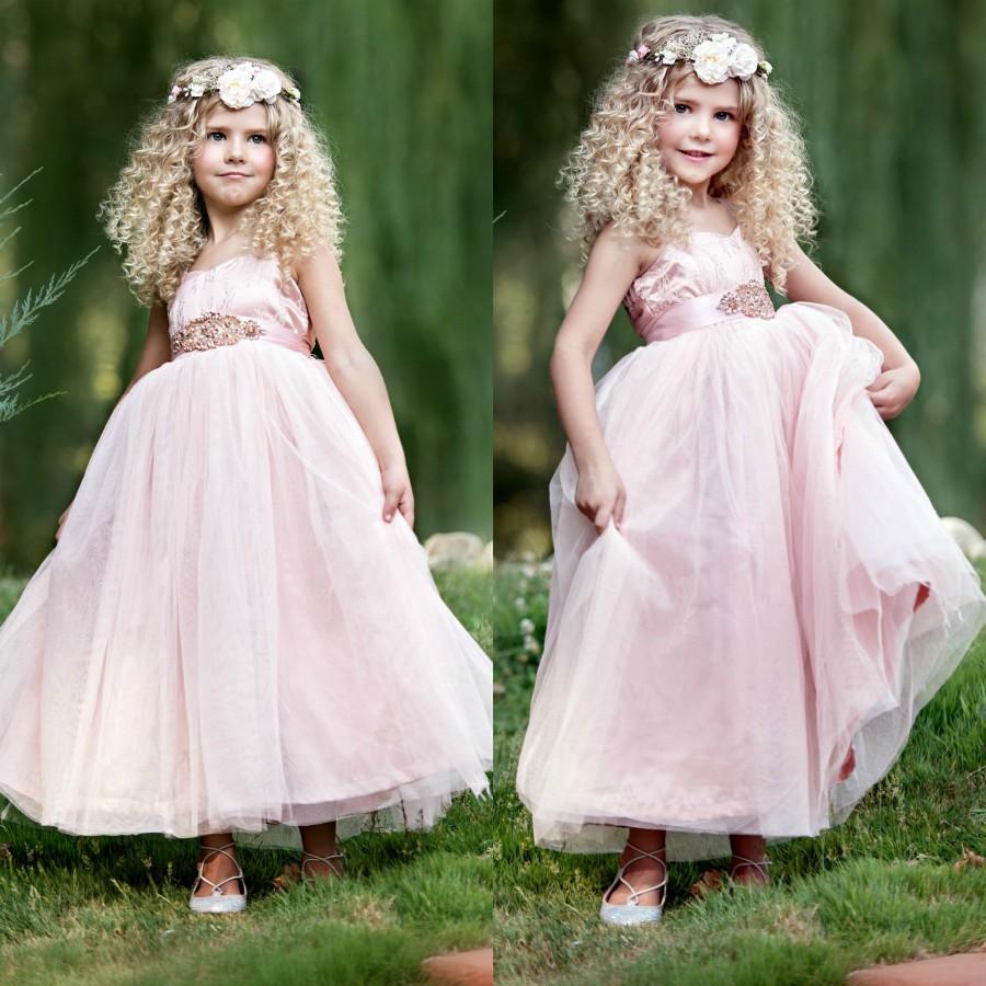 Mariage - Blush Pink Flower girl dress, lace flower girl dresses, tulle girls dress, girls party dress, rustic boho flower girl dress,bridesmaid dress