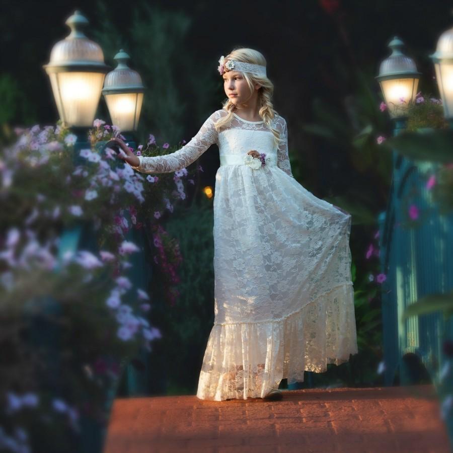 Hochzeit - Ivory flower girl dress lace dress,Rustic flower girl dress,long sleeve lace dress,Flower girl dresses, Communion dress, baby lace dress