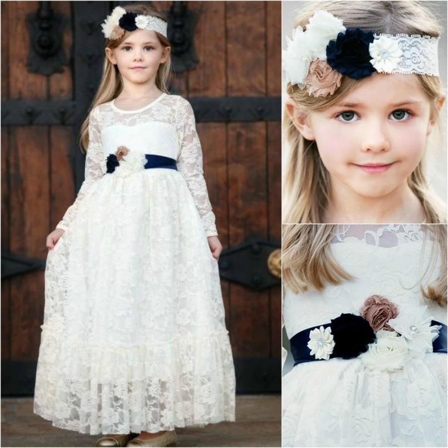 زفاف - Ivory Flower girl dress, girls lace dress, ivory long sleeve lace dress, Rustic flower girl dress, Flower girl dresses, Communion dress,