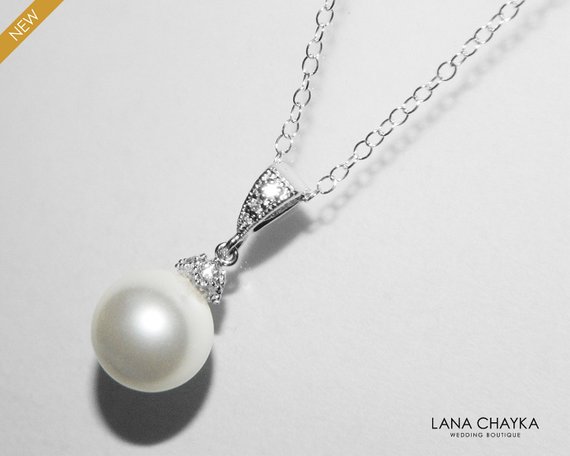 Wedding - White Drop Pearl Necklace Sterling Silver CZ Pearl Bridal Necklace Swarovski 10mm Pearl Single Pearl Wedding Necklace Bridal Pearl Jewelry