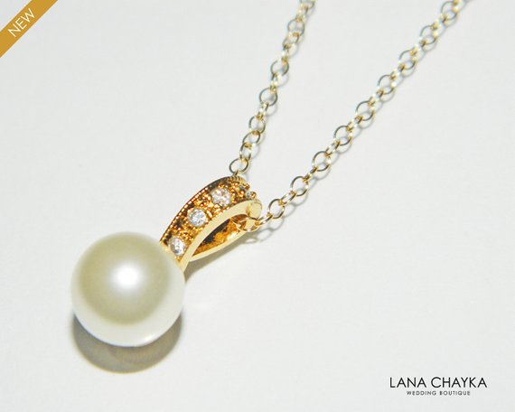 Hochzeit - Pearl Gold Bridal Necklace, Swarovski 8mm Ivory Pearl Necklace, Wedding Pearl Dainty Necklace, Pearl Bridal Jewelry, Wedding Pearl Necklace