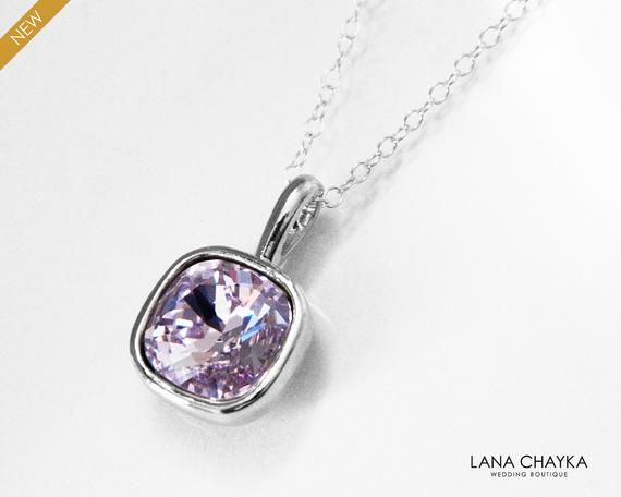 زفاف - Violet Lilac Crystal Necklace, Swarovski Violet Silver Necklace, Lilac Square Necklace, Light Purple Wedding Necklace, Lilac Crystal Jewelry
