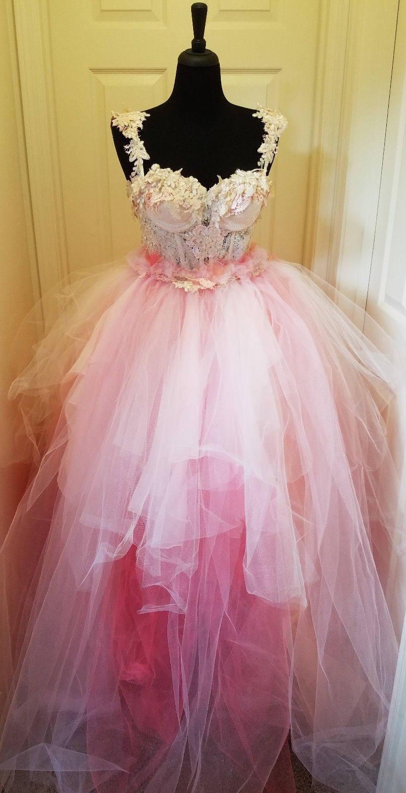 Hochzeit - Romantic Victorian Vintage Ivory Pink Rainbow Lace Tulle Chiffon Corset Bridal Wedding Ballgown and Rose Bustle Bow Set Tudors