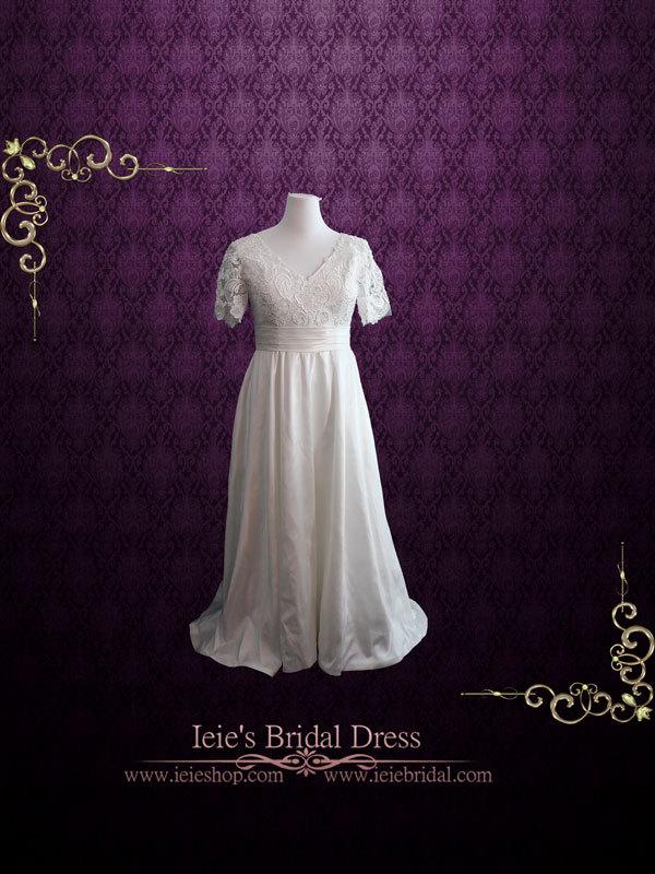 Wedding - Vintage Style Ivory Lace Wedding Dress with Sleeves and Side Pockets 