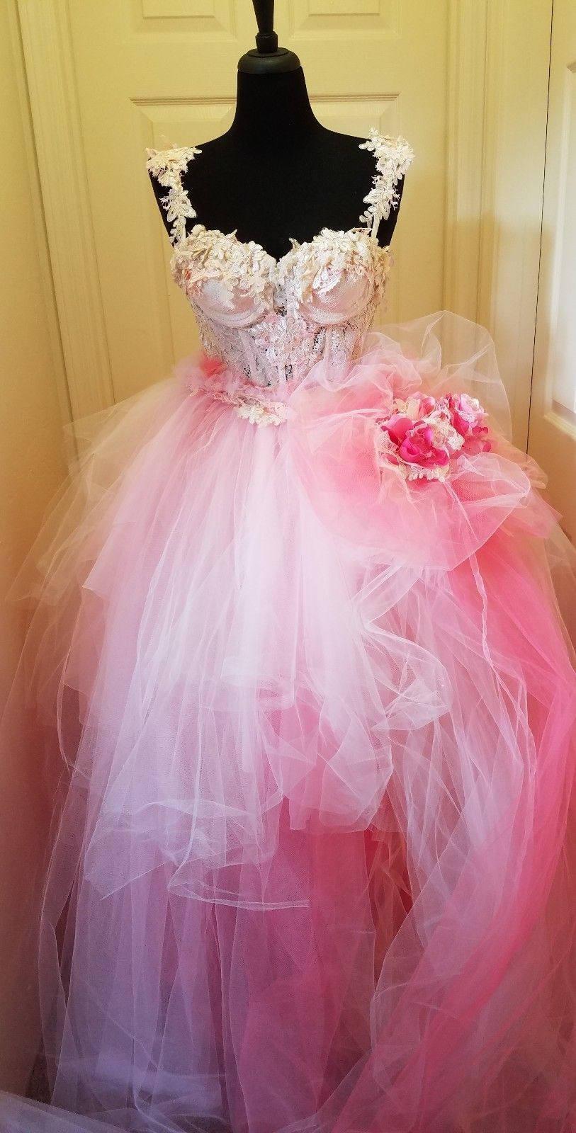 زفاف - KELSEY - Romantic Rainbow Victorian Vintage Ivory Pink Lace Tulle Chiffon Corset Bridal Wedding Ballgown and Rose Bustle Bow Set Tudors