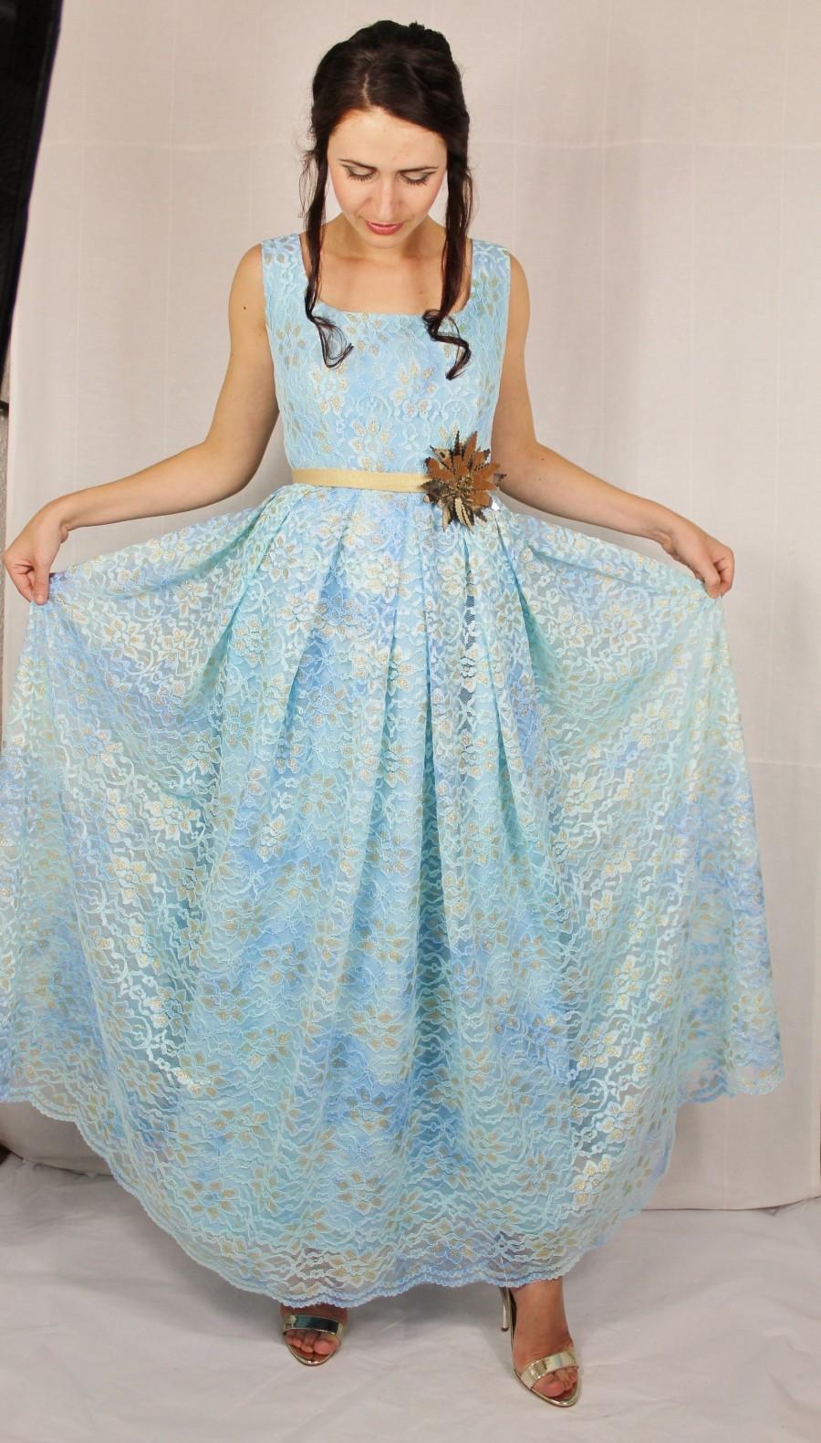 Wedding - Long casual blue lace dress with golden details/lace dress/floral dress/blue dress/long dress/bridesmaids dress/blue dresses for women