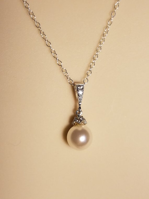 زفاف - White Pearl Bridal Necklace, Swarovski 8mm Pearl Sterling Silver Necklace, Single Pearl Drop Wedding Necklace, Bridesmaids Pearl Jewelry