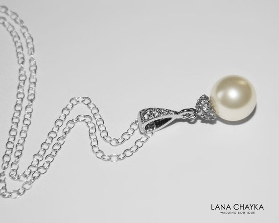 زفاف - Pearl Drop Bridal Necklace, Swarovski 8mm Ivory Pearl Silver Necklace, Small Pearl Wedding Necklace, Bridesmaid Pearl Jewelry, Prom Necklace