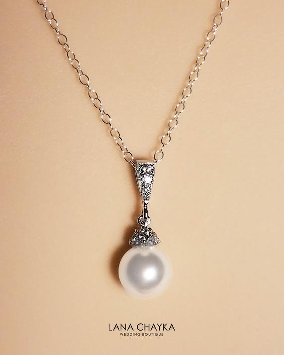 زفاف - White Pearl Bridal Necklace, Swarovski 8mm Pearl Sterling Silver Necklace, Single Pearl Drop Wedding Necklace, Bridesmaids Pearl Jewelry