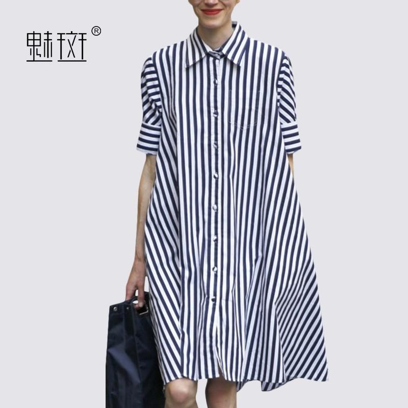 زفاف - Striped shirt dress 2017 summer New Women's long paragraph Plus Size loose short sleeve dress - Bonny YZOZO Boutique Store