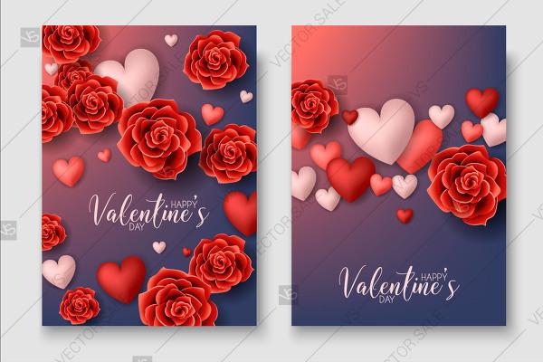 زفاف - Valentines day Party vector Invitation template with red roses hearts gift box