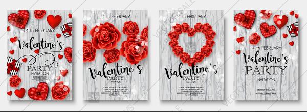 Wedding - Valentines day Party vector Invitation template with red roses hearts gift box