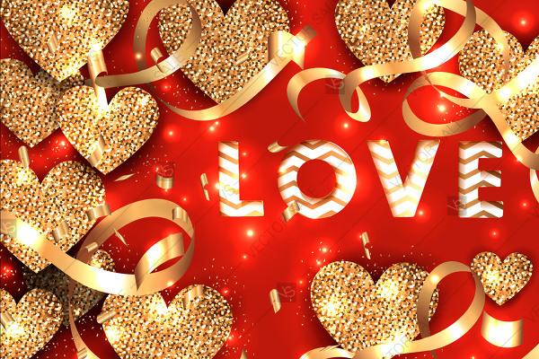 Hochzeit - Happy Valentine's Day Sale banner with sparkling glitter gold textured hearts, confetti. Vector illustration